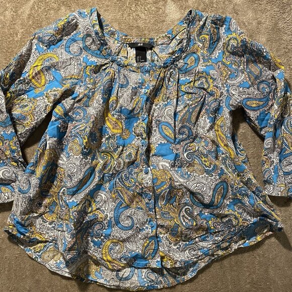 H&M Shirt Womens Sz 4 Button Front Paisley Blouse  Blue Round Neck Cotton - Picture 1 of 6